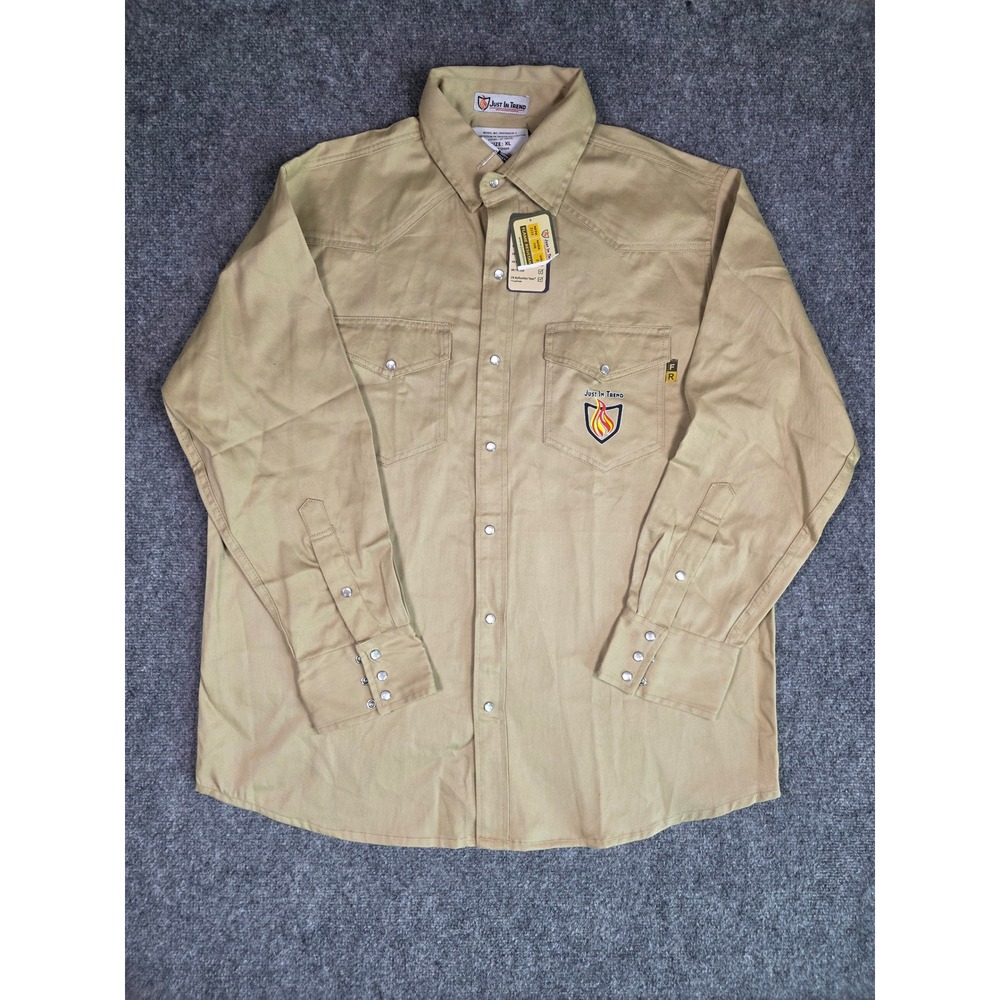 Just In Trend Work Shirt Mens XL Khaki FR Flame Resistant Pearl Snap Long Sleeve